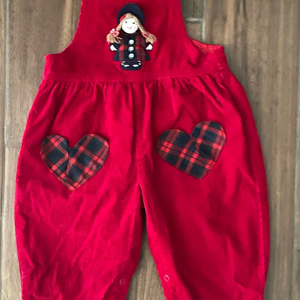 Vintage Red  Kids Overalls with Heart Patches
